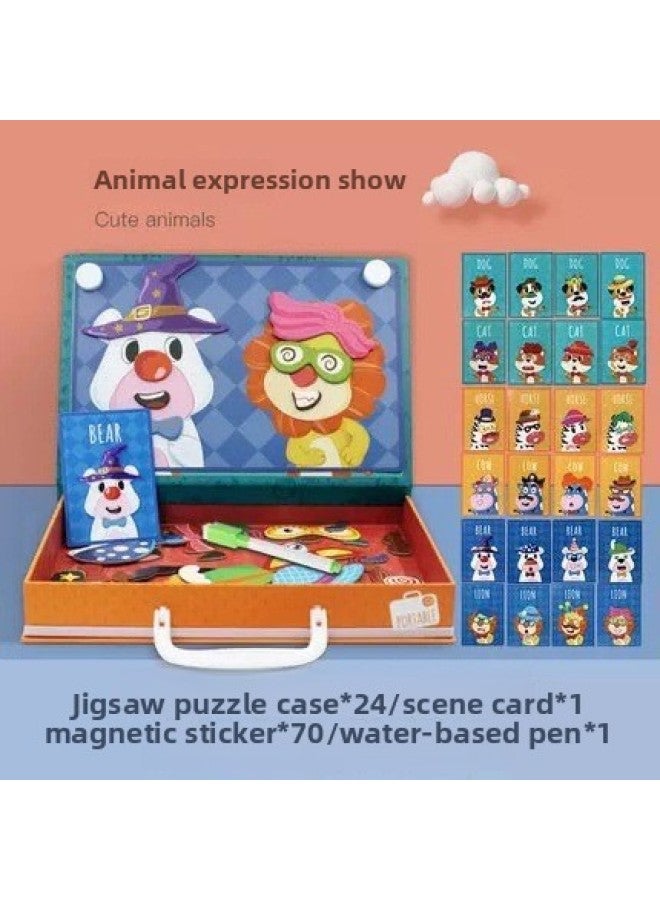 Wooden Puzzle Stickers Magnetic Collage Fun Double-sided Jigsaw Puzzle Interactive Early Education Intellectual Toy Game-Color:ZKB-Puzzle Post Animal Expression Show [Portable]]  - Image 1