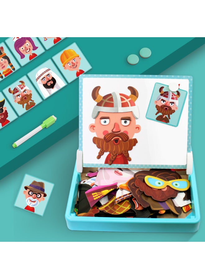 Wooden Puzzle Stickers Magnetic Collage Fun Double-sided Jigsaw Puzzle Interactive Early Education Intellectual Toy Game-Color:ZKB-Puzzle Post Animal Expression Show [Portable]]  - Image 3
