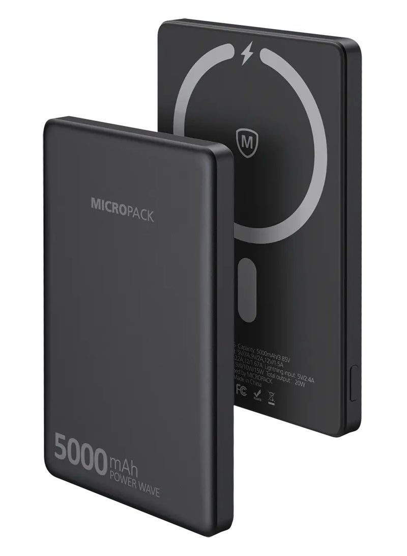 مايكروباك بنك طاقة لاسلكي مغناطيسي نحيف Micropack WPB-5S - سعة 5000 مللي أمبير، شحن سريع PD، أسود - Image 1