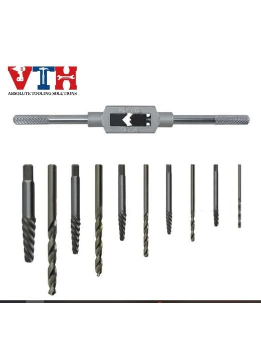 VTH WITH TAGLINE ABSOLUTE TOOLING SOLUTIONS - VTH 11Pcs Damaged Screw Extractor Set Broken Screws Bolt Fastners Taken Out Remover Drill Bits Tool with Holding Wrench - Image 1
