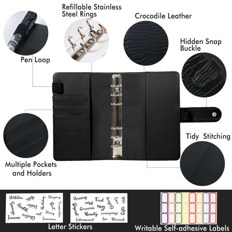 eleger Budget Binder with Zipper Envelopes - Crocodile Pattern Leather Money Organizer, Cash Saving Book Budgeting Planner, cash stuffing folder envelope system, A6 Bill Binders with Pockets, Black - Image 3