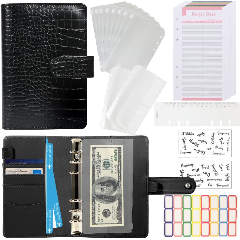 eleger Budget Binder with Zipper Envelopes - Crocodile Pattern Leather Money Organizer, Cash Saving Book Budgeting Planner, cash stuffing folder envelope system, A6 Bill Binders with Pockets, Black - Image 1