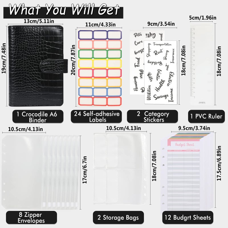 eleger Budget Binder with Zipper Envelopes - Crocodile Pattern Leather Money Organizer, Cash Saving Book Budgeting Planner, cash stuffing folder envelope system, A6 Bill Binders with Pockets, Black - Image 4