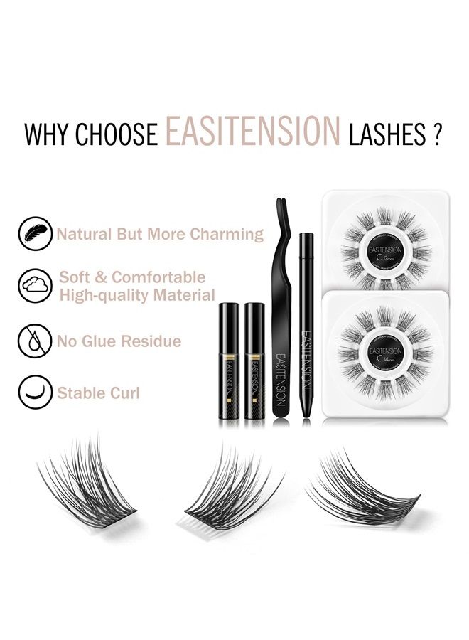 EASITENSION DIY Eyelash Extension, 3D Effect Glue Bonded Band Individual Lash 24 Clusters Volume Lashes Set, At Home Eyelash Extension, C curl, Pack 12mm,14mm (KIT) - Image 2