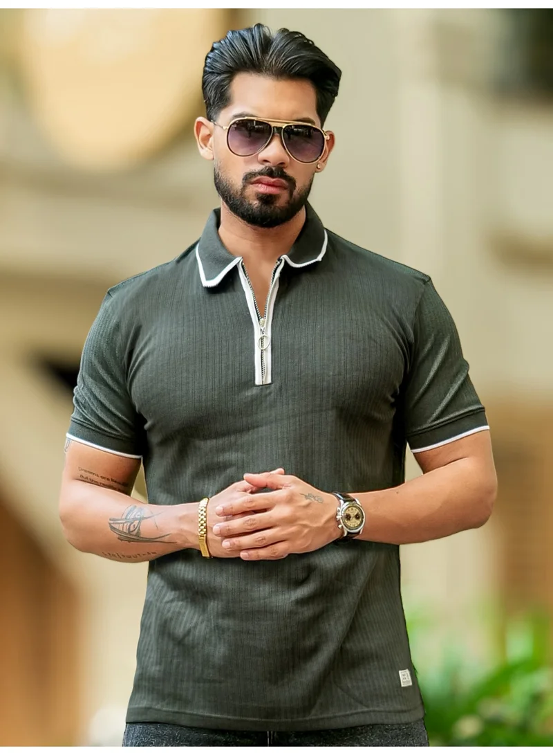 Maniac Maniac Mens Color Block Polo Neck Half Sleeve Olive and White Cotton Slim Fit T-Shirt