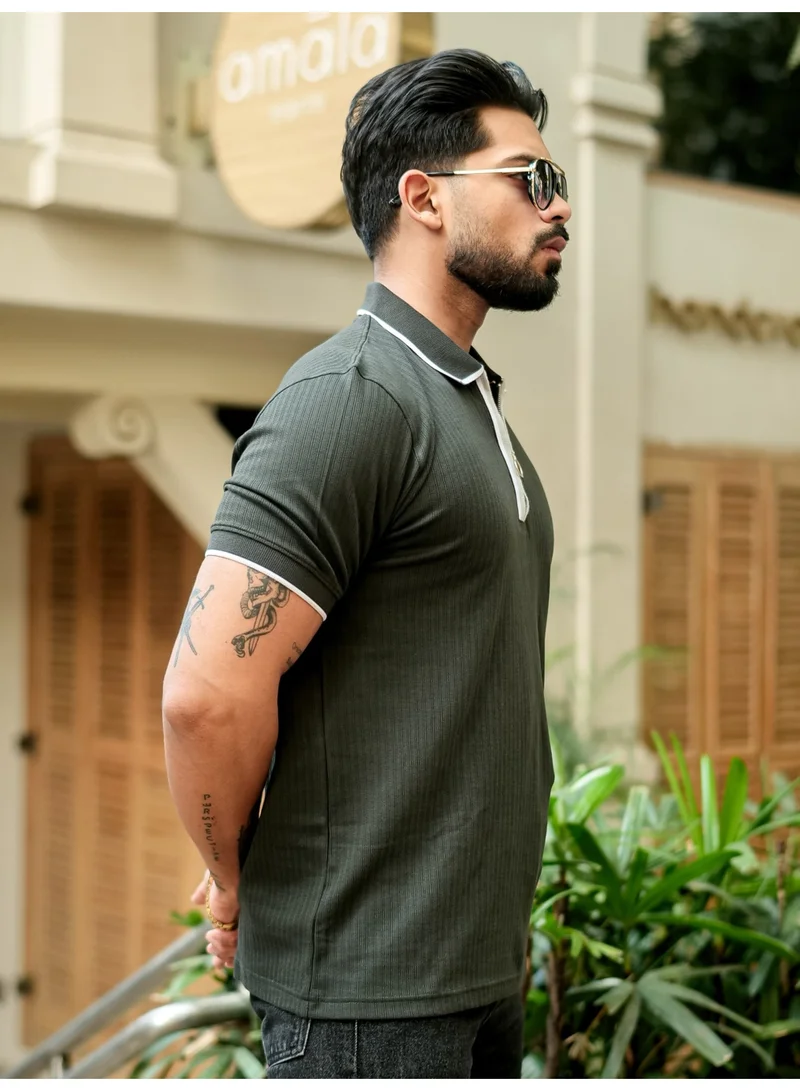 Maniac Maniac Mens Color Block Polo Neck Half Sleeve Olive and White Cotton Slim Fit T-Shirt