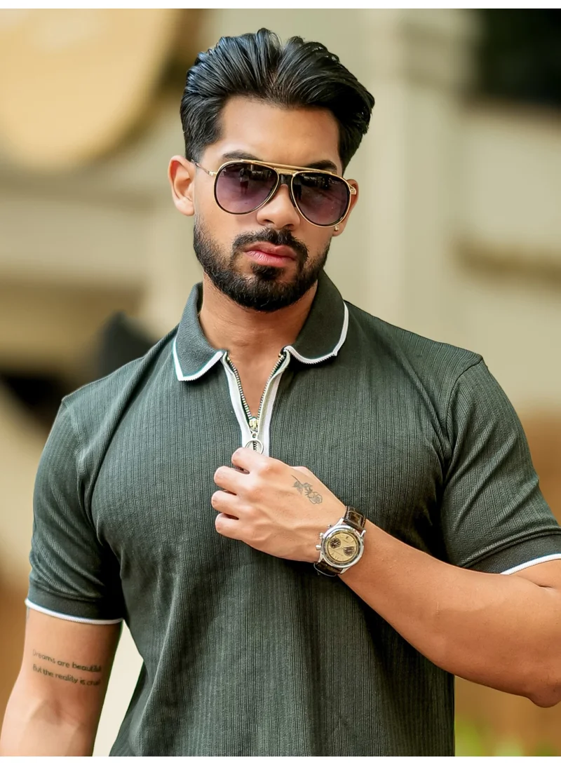 Maniac Maniac Mens Color Block Polo Neck Half Sleeve Olive and White Cotton Slim Fit T-Shirt