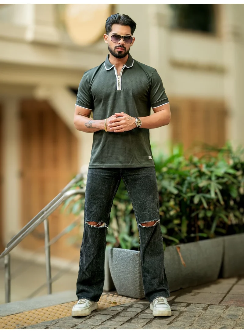 Maniac Maniac Mens Color Block Polo Neck Half Sleeve Olive and White Cotton Slim Fit T-Shirt