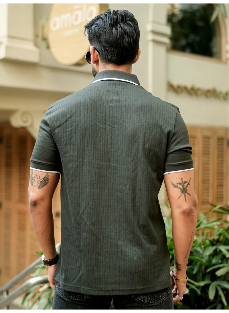 Maniac Maniac Mens Color Block Polo Neck Half Sleeve Olive and White Cotton Slim Fit T-Shirt