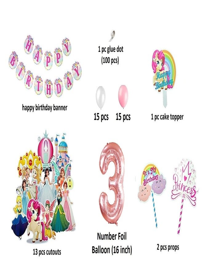 FI - FLICK IN 49 pcs 3rd Birthday Decoration for Girls Car Castle Cutouts Metallic Balloons Princess Third Birthday Decorations Girl Number 3 Foil Balloon (Pack of 49, Pink) - Image 2