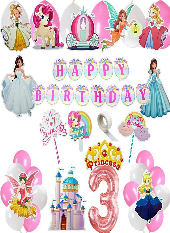 FI - FLICK IN 49 pcs 3rd Birthday Decoration for Girls Car Castle Cutouts Metallic Balloons Princess Third Birthday Decorations Girl Number 3 Foil Balloon (Pack of 49, Pink) - Image 1