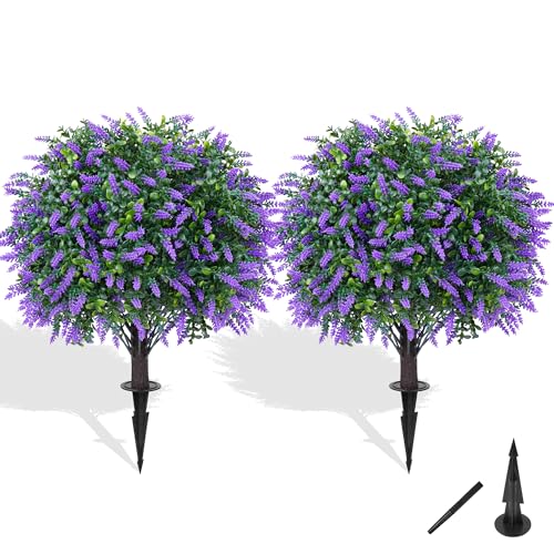Grooy Artificial Boxwood Topiary Ball with Lavender, Set of 2 Artificial Shrub Bushes with Ground Spike, Fake Evergreen Tree for Porch, Artificial Plants for Outdoor Planters Indoor UV Resistant - Image 1