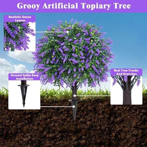 Grooy Artificial Boxwood Topiary Ball with Lavender, Set of 2 Artificial Shrub Bushes with Ground Spike, Fake Evergreen Tree for Porch, Artificial Plants for Outdoor Planters Indoor UV Resistant - Image 3