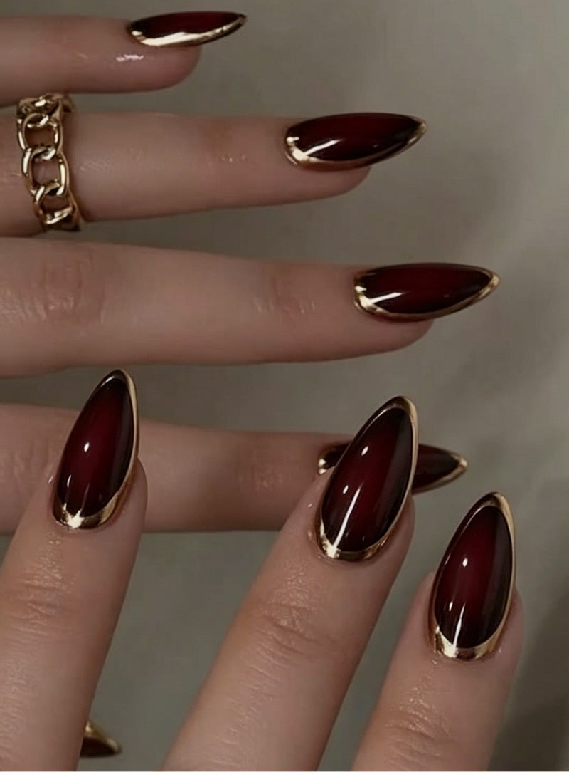 JOSQUEWNN 24PCS Press On Nails, Short Almond Fake Nails, Burgundy French Tip 3D Gold Edge Full Cover Artificial Nails, Glossy Wine Red False Nail Tips for Women and Girls, Reusable DIY Manicure Nails for Autumn Winter, Parties, Dates and Daily Wear. - Image 1