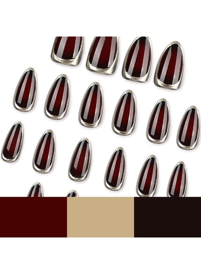 JOSQUEWNN 24PCS Press On Nails, Short Almond Fake Nails, Burgundy French Tip 3D Gold Edge Full Cover Artificial Nails, Glossy Wine Red False Nail Tips for Women and Girls, Reusable DIY Manicure Nails for Autumn Winter, Parties, Dates and Daily Wear. - Image 2