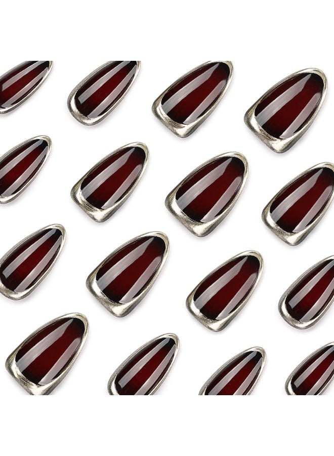 JOSQUEWNN 24PCS Press On Nails, Short Almond Fake Nails, Burgundy French Tip 3D Gold Edge Full Cover Artificial Nails, Glossy Wine Red False Nail Tips for Women and Girls, Reusable DIY Manicure Nails for Autumn Winter, Parties, Dates and Daily Wear. - Image 3