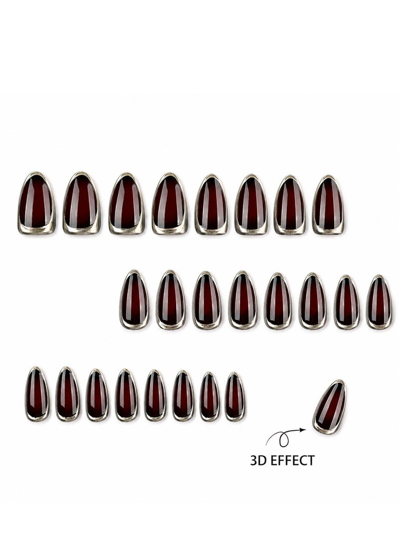 JOSQUEWNN 24PCS Press On Nails, Short Almond Fake Nails, Burgundy French Tip 3D Gold Edge Full Cover Artificial Nails, Glossy Wine Red False Nail Tips for Women and Girls, Reusable DIY Manicure Nails for Autumn Winter, Parties, Dates and Daily Wear. - Image 5