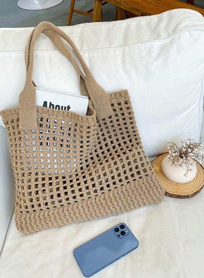 ENBEI Womens Large Beach Tote Bags Shoulder Handbags knit bag Tote bag aesthetic for Beach Crocheted tote cute Tote bags, Khaki - Image 2