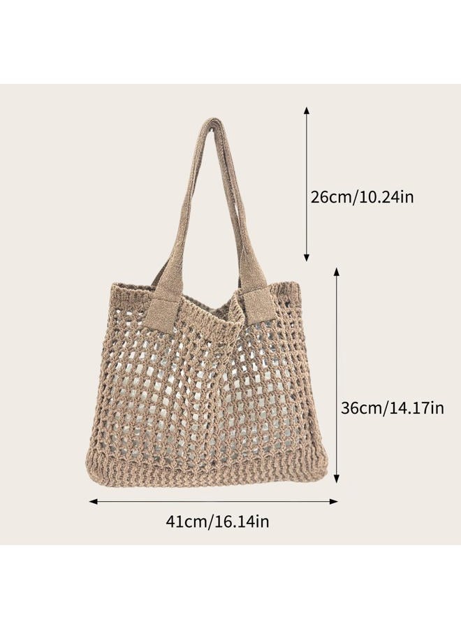 ENBEI Womens Large Beach Tote Bags Shoulder Handbags knit bag Tote bag aesthetic for Beach Crocheted tote cute Tote bags, Khaki - Image 4