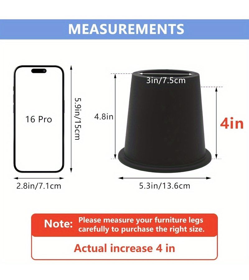 4 Inch Bed Risers Pack of 4 Heavy Duty Furniture Risers Black Trapezoidal Support for Table Sofa Desk Chair Legs Refrigerator Bed Frame Up to 3300 Lbs - Image 2