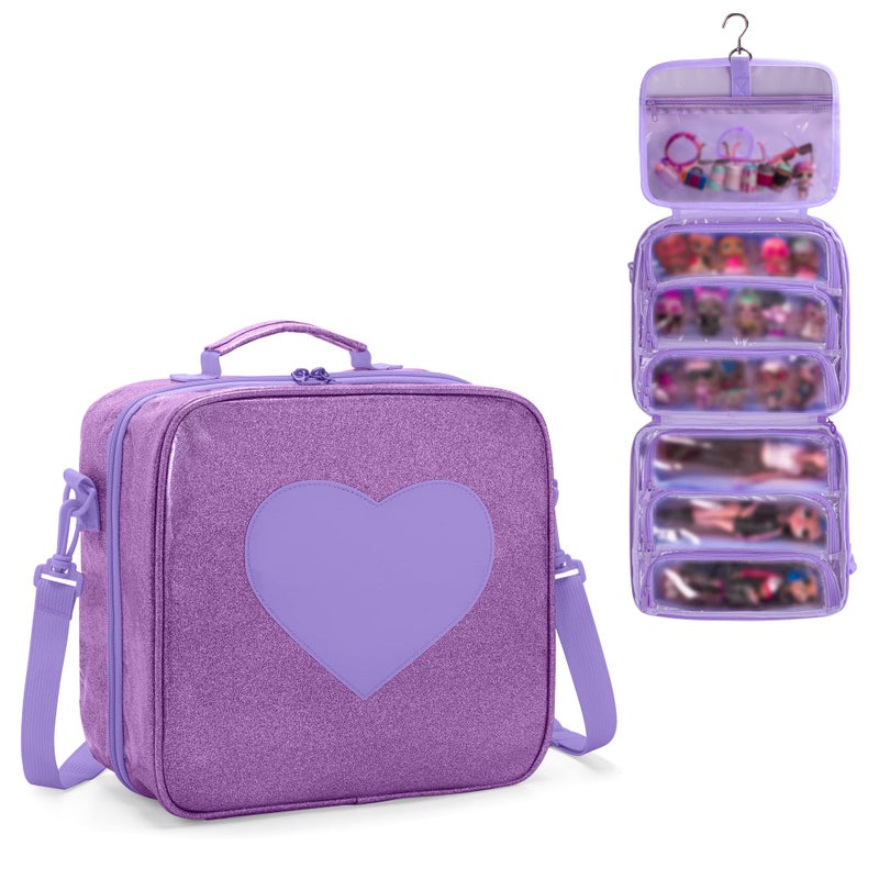 LoDrid Doll Carrying Case Compatible with LOL Surprise OMG Display Organizer Compatible with Big Sister 3inch Dolls with a Hanging Hook and 7 Clear Zipper Pockets Bag Only PurplePatent Design - Image 2