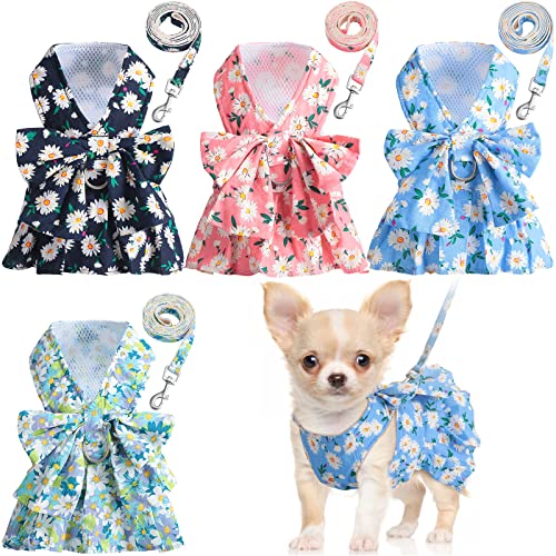 Sanwuta 4 Pack Harness Dog Dress Bowknot Leash Set Floral Princess Dog Harness Dress Vest with Leash Pet Doggy Outfits for Outdoor Walking 4 ColorsXSmall - Image 1