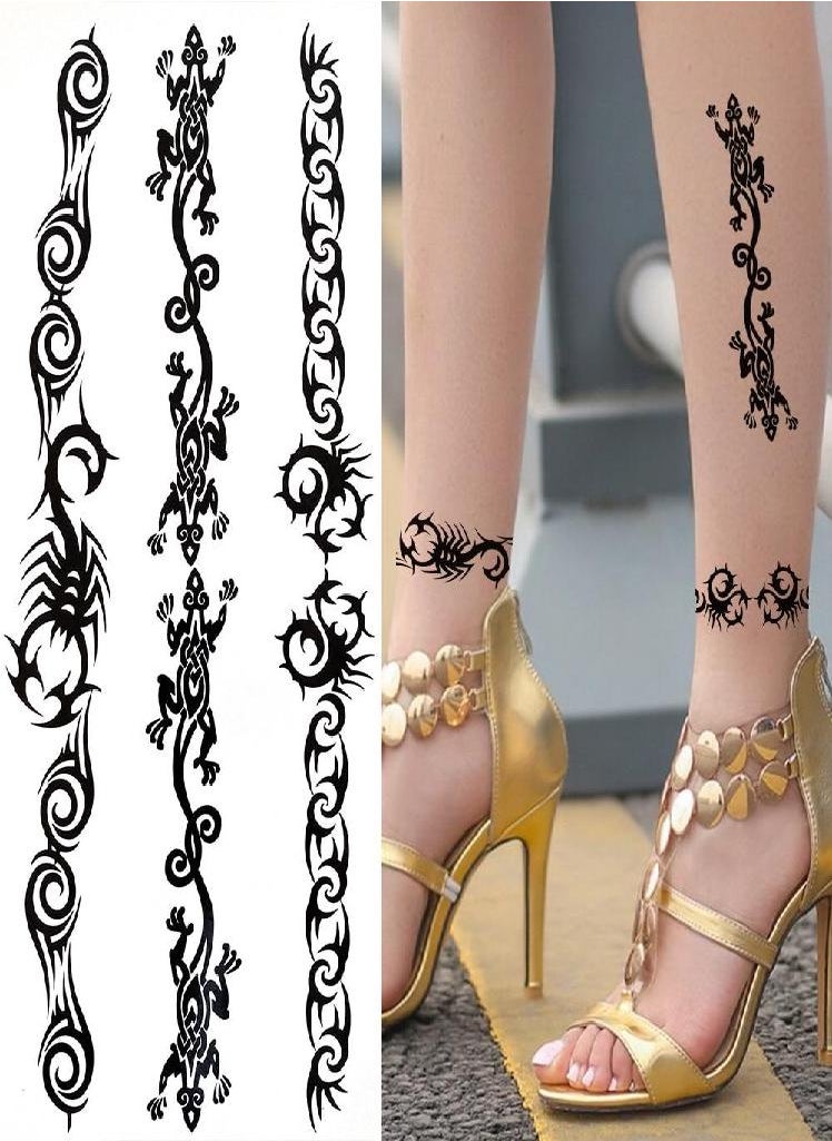 Eckek - Indian Black Tribal Temporary Tattoos For Women Girls Totem Scorpion Lizard Tattoo Vine Fake Sticker Wristband Tatoos Paste - Image 1