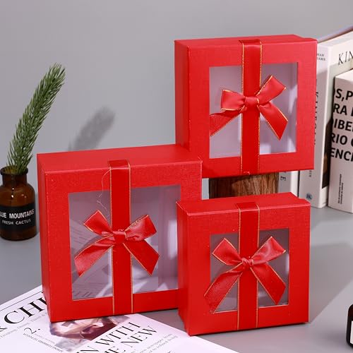 HOME ELEMENTS 3 Pcs Set of Luxury Gift Box Set With Window, Bridesmaid Box, Decorative Gift Packing Boxes For Presents Diwali Christmas Wedding Birthdays Special Occasions (Red),Cardboard, Paper - Image 1