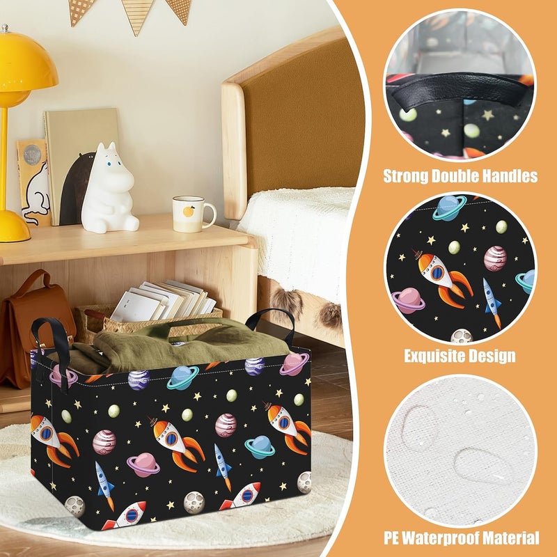 LANGYASHAN Rectangular Planet Rocket Storage Bin Collapse Canvas Fabric Cartoon Storage Basket for Organizing Home Kitchen Boys Toys Office Closet Shelf Baskets(Rec Planet Rocket) - Image 3