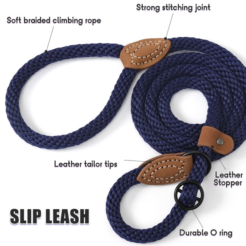 Mile High Life Slip Leads for Dogs | Heavy Duty Dog Training Leash | 5 Feet No Pull Slip Leashes w Leather Tip | Navy Rope Lead for Dogs Outside - Image 5