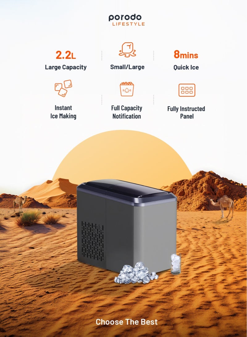 porodo Ice Cube Machine 2.2L 12kg Portable Outdoor Ice maker- Dark Grey - Image 2
