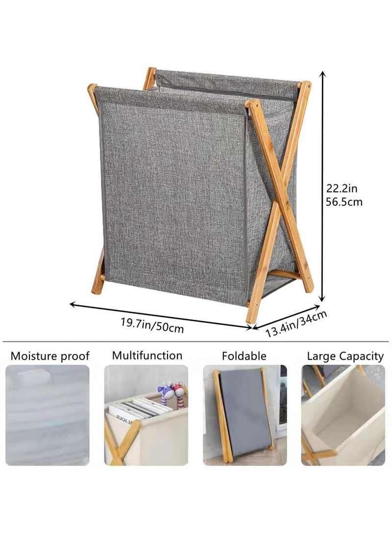 TOMSHOO Bamboo Laundry Hamper Sorter Cart, Portable and Collapsible Folding Clothes Laundry Basket Storage with Removable Liner Bag, X Frame, Bamboo Laundry Organizer Cabinet for Bathroom (Grey) - Image 2