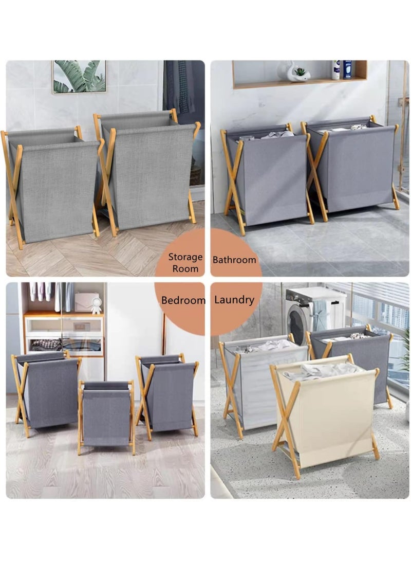 TOMSHOO Bamboo Laundry Hamper Sorter Cart, Portable and Collapsible Folding Clothes Laundry Basket Storage with Removable Liner Bag, X Frame, Bamboo Laundry Organizer Cabinet for Bathroom (Grey) - Image 5