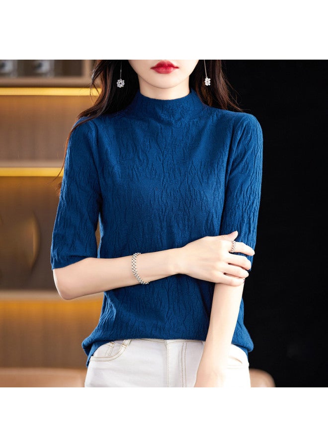MIIOW High-End Textured Stand Collar Lightweight Women'S Mid-Sleeve Top T-Shirt, Elegant And Sophisticated Knit Base Layer - Image 2
