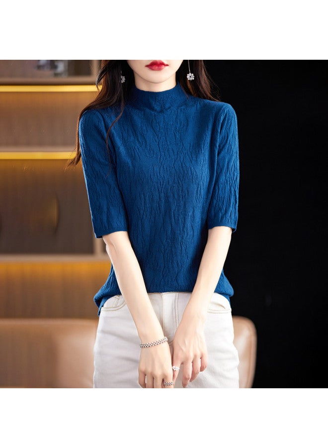 MIIOW High-End Textured Stand Collar Lightweight Women'S Mid-Sleeve Top T-Shirt, Elegant And Sophisticated Knit Base Layer - Image 4