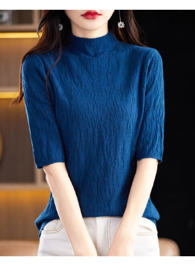MIIOW High-End Textured Stand Collar Lightweight Women'S Mid-Sleeve Top T-Shirt, Elegant And Sophisticated Knit Base Layer - Image 1