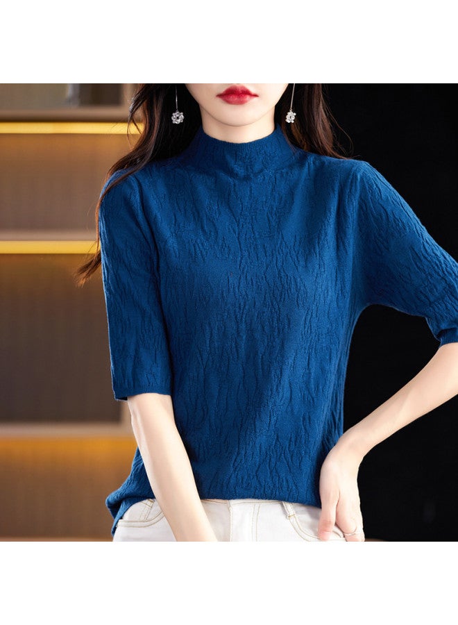 MIIOW High-End Textured Stand Collar Lightweight Women'S Mid-Sleeve Top T-Shirt, Elegant And Sophisticated Knit Base Layer - Image 3