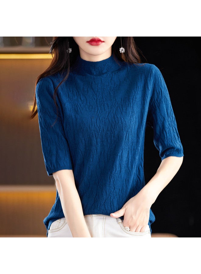 MIIOW High-End Textured Stand Collar Lightweight Women'S Mid-Sleeve Top T-Shirt, Elegant And Sophisticated Knit Base Layer - Image 5