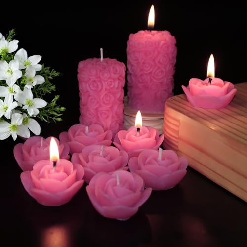 Shraddha Creation Wax Scented Candles For Home Decor, Coconut Blossom Fragrance, Pillar And Floating Candles Combo, Pink Colour, Pack Of 10, 4 X 7 Cm - Image 1