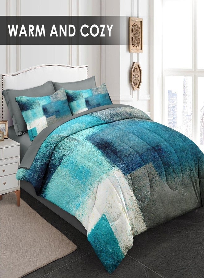 WeCozy 7 Pcs Queen Size Comforter Set with 2 Pillowcases & 2 Shams, Turquoise Grey Painting Bedding for Kids and Adults, Teal Contemporary Gray Bed in a Bag with Flat Fitted Sheet - Image 3