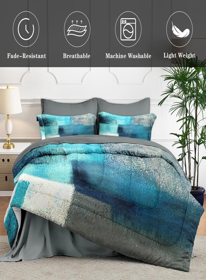 WeCozy 7 Pcs Queen Size Comforter Set with 2 Pillowcases & 2 Shams, Turquoise Grey Painting Bedding for Kids and Adults, Teal Contemporary Gray Bed in a Bag with Flat Fitted Sheet - Image 4
