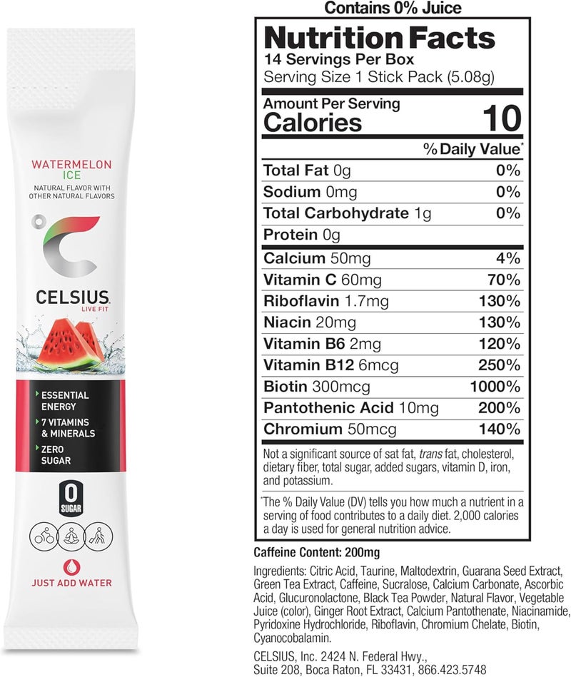 CELSIUS® On-the-Go Powder Sticks Watermelon Ice - Essential Energy Drink Mix (14 Sticks) - Image 3