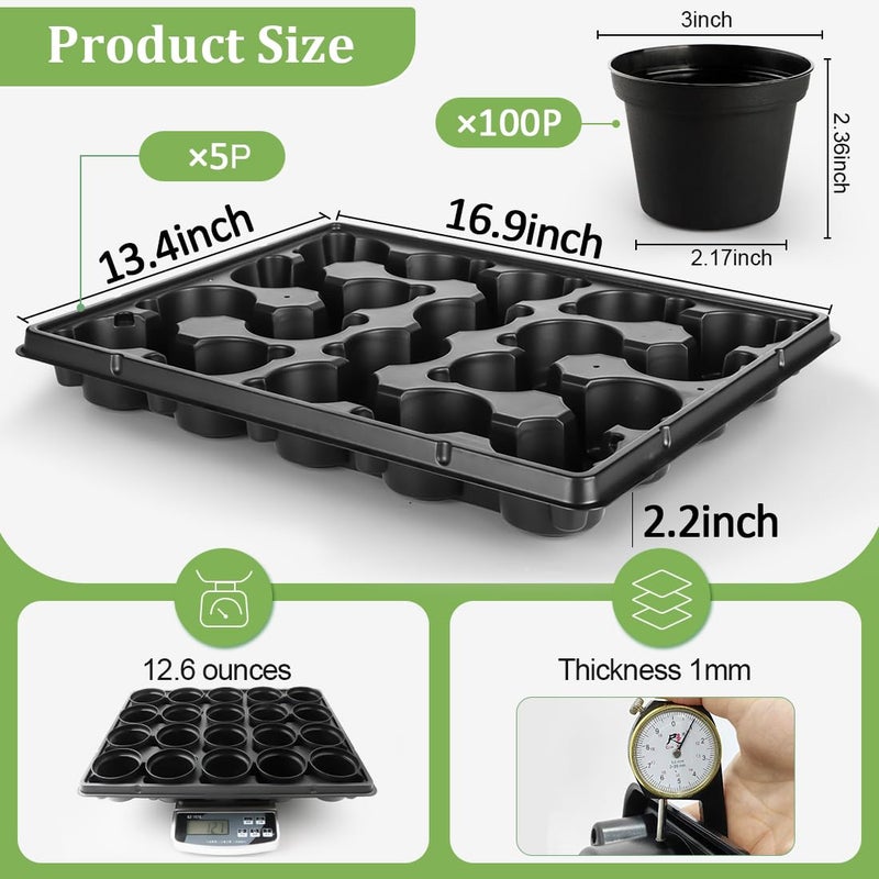 RooTrimmer 3 Inch Plastic Plant Pots 100 Pcs with 5 Pcs 20 Cell Seed Starter Trays, Thick Black Small Nursery Pots and Propagation Shuttle Trays for Seed Starting, Plant Propagation Starter Kit 5 Sets - Image 4
