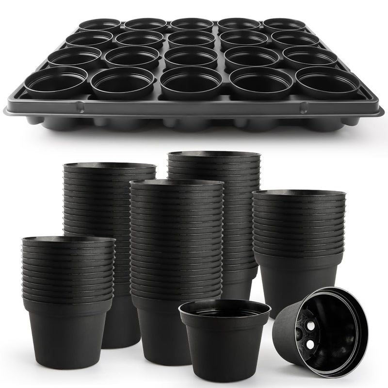 RooTrimmer 3 Inch Plastic Plant Pots 100 Pcs with 5 Pcs 20 Cell Seed Starter Trays, Thick Black Small Nursery Pots and Propagation Shuttle Trays for Seed Starting, Plant Propagation Starter Kit 5 Sets - Image 1