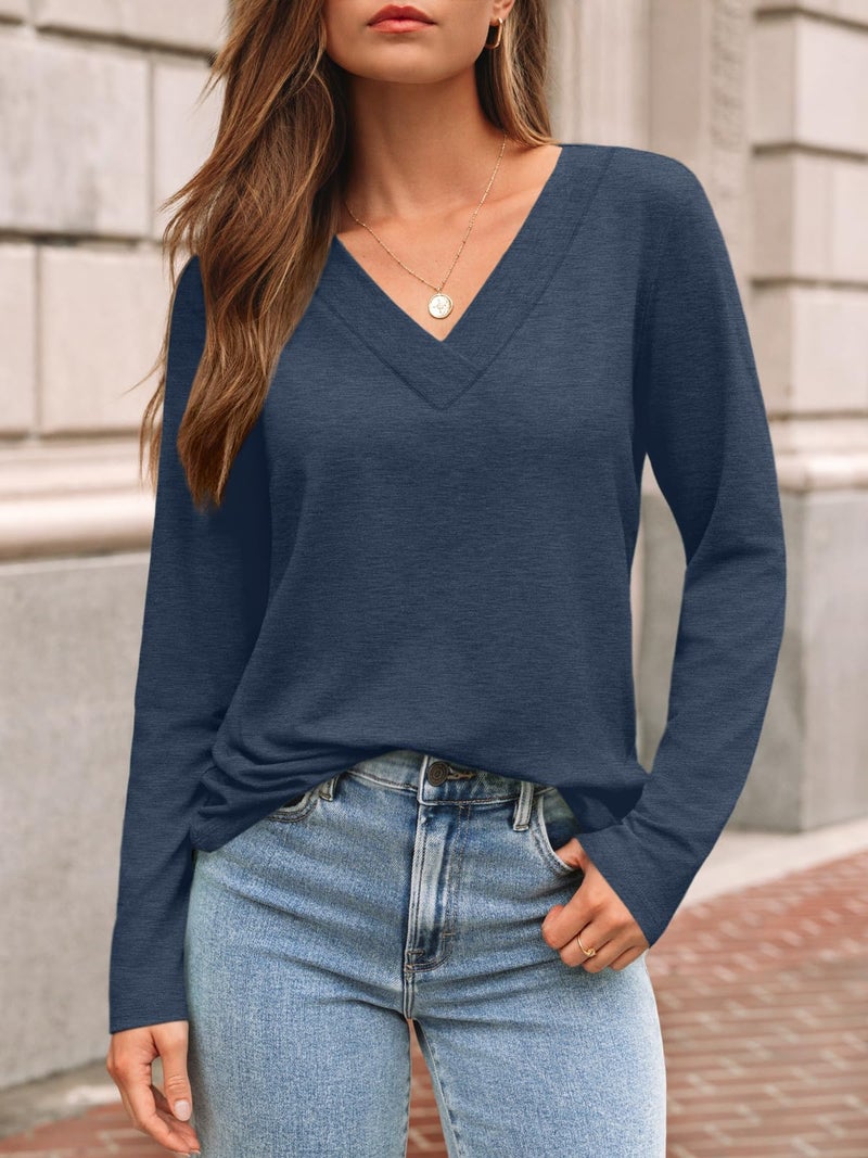 AUTOMET Long Sleeve Tops for Women Spring Outfits 2026 T Shirts V Neck Casual Top Comfortable Shirt Soft Basic Tees Women Blouses Navyblue S - Image 2