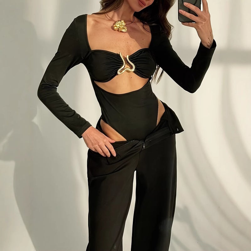بدلة نسائية طويلة الأكمام مع فتحات وخصر مربوط - Image 3