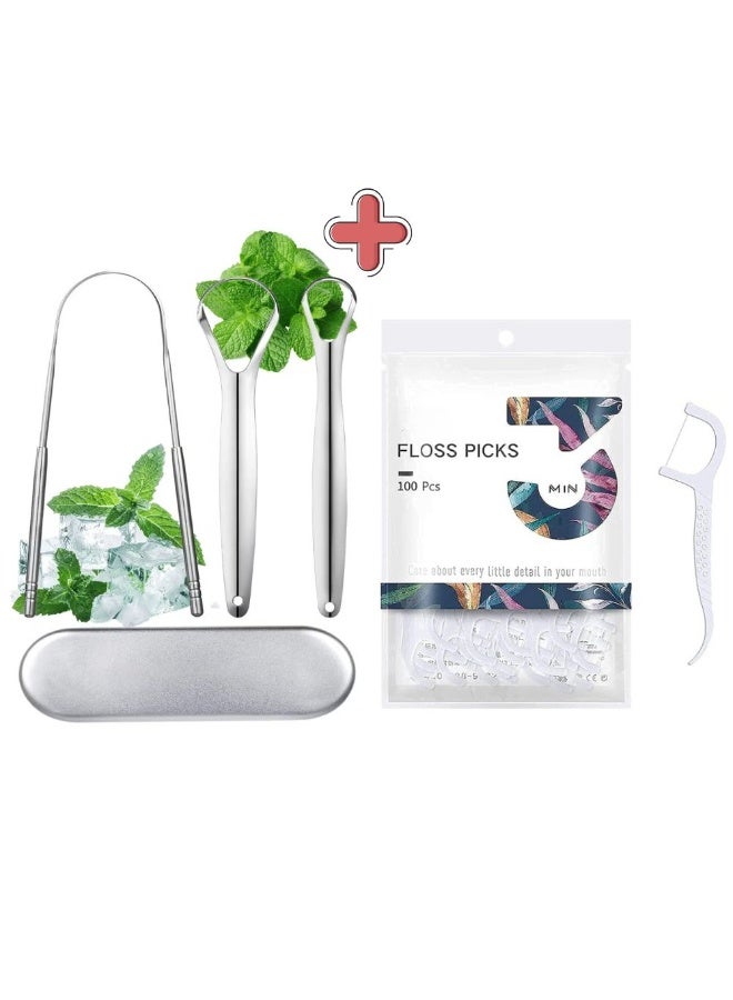 موش مجموعة موش للعناية الفموية – طقم كاشط لسان من الستانلس ستيل مع علبة + 100 عود خيط تنظيف الأسنان – نَفَس منعش، إزالة البلاك، تنظيف الأسنان، وعناية فموية متكاملة للبالغين - Image 1