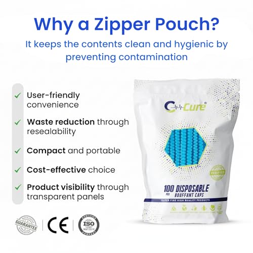 C-Cure Disposable Hair Cap Pack of 100 | 18 Inch Bouffant Cap Stretchable Non Woven Head Cover for Women & Men | Kitchen Hair Net, Surgical Cap, Chef Cooking, Salon & Medical Use – Blue - Image 2