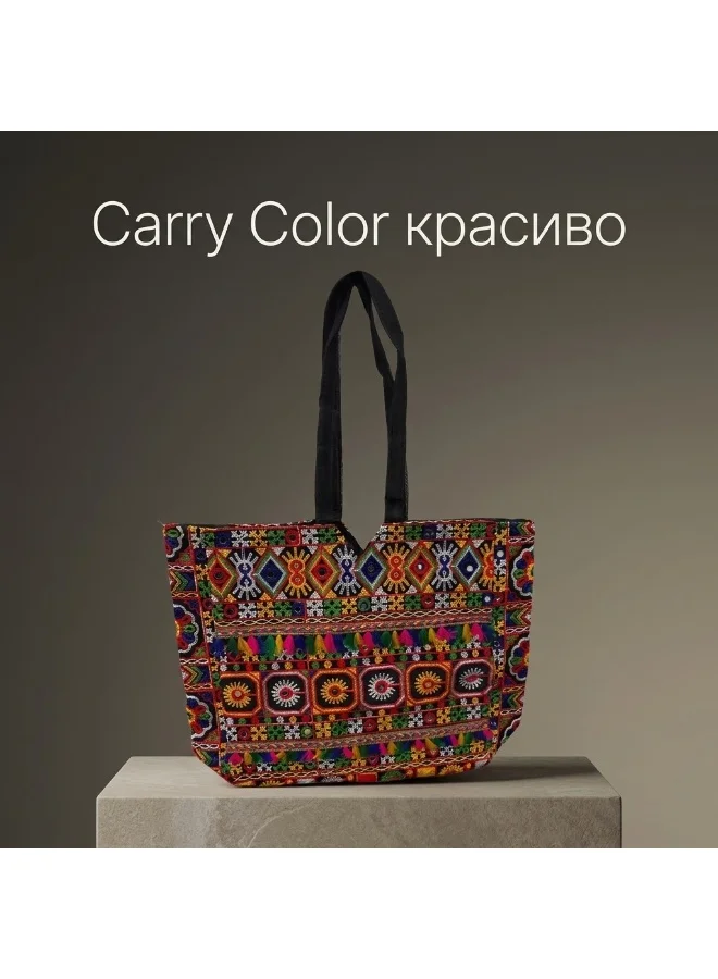 Mobcos Mobcos Black Flower Embroidered Tote Bag Mobcos Black Flower Handmade Embroidered Tote Bag | Premium Cotton Boho Shoulder Handbag with Zipper | Spacious Ethnic Bag for Office, Shopping, Travel & Daily Use for Women | Best Price UAE