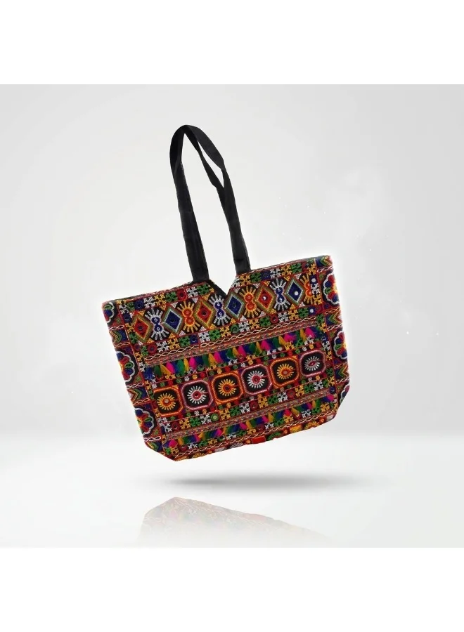 Mobcos Mobcos Black Flower Embroidered Tote Bag Mobcos Black Flower Handmade Embroidered Tote Bag | Premium Cotton Boho Shoulder Handbag with Zipper | Spacious Ethnic Bag for Office, Shopping, Travel & Daily Use for Women | Best Price UAE